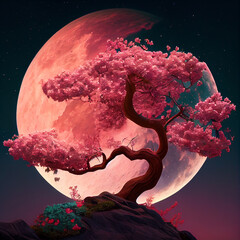 Cherry blossom sakura trees and full moon illustration