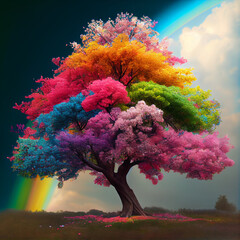 Rainbow tree, fantasy landscape and tree with rainbow colors illustration © Alguien
