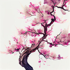 Cherry blossom sakura flowers and branch watercolor illustration