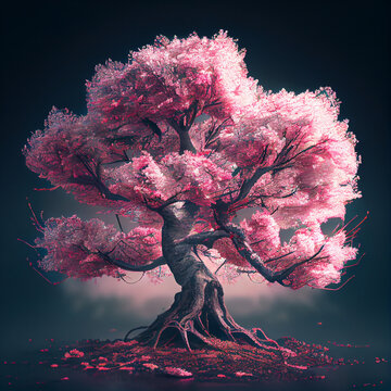 Cherry blossom sakura pink tree Japanese landscape illustration