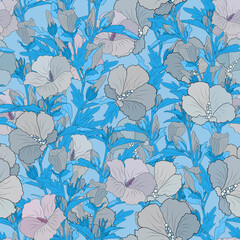 seamless pattern with gray non-colored flowers on a blue background.