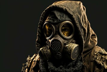 illustration, apocalyptic character with gas mask, image generated by AI