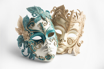Two masquerade masks on a white background, Generative Ai