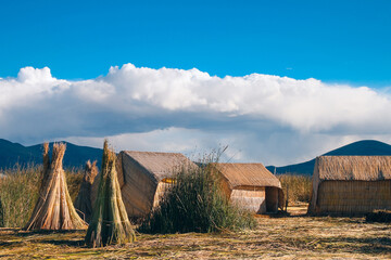 The floating village of Uros on Lake Titicaca, Peru. Lake Titicaca is the largest lake in South America and the highest navigable lake in the world.