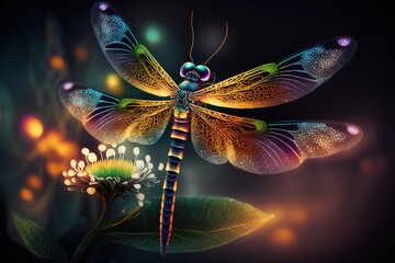 Colorful Fantastical Dragonfly, Fantasy Raster Image  - Generative AI  - obrazy, fototapety, plakaty