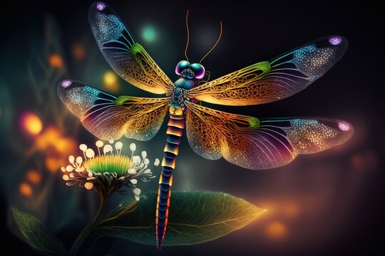 Colorful Fantastical Dragonfly, Fantasy Raster Image  - Generative AI 