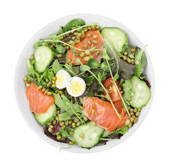 Bowl of salad with mung beans isolated on white, top view