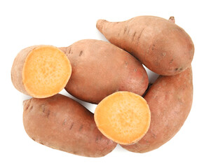 Whole and cut sweet potatoes on white background, top view