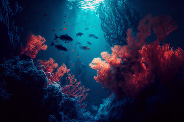 Naklejka na ściany i meble Underwater scene in Egypt. Colorful fish groups in Coral reef, clean ocean water. Dark mood, Generation AI
