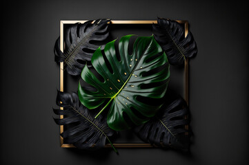 Creative natural background for text. Top view monstera green leaves with black paper card for copy space. Generation AI