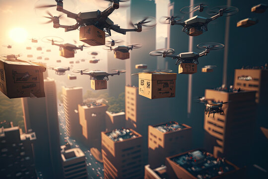 A fleet of drones flying over a city, delivering packages, generative ai