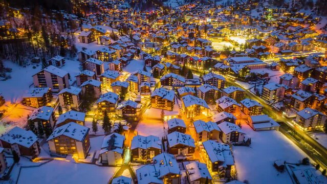 Aerial view of Zermatt at night, Switzerland.