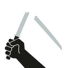 A hand holding a broken sword. Flat vector illustration isolated on white