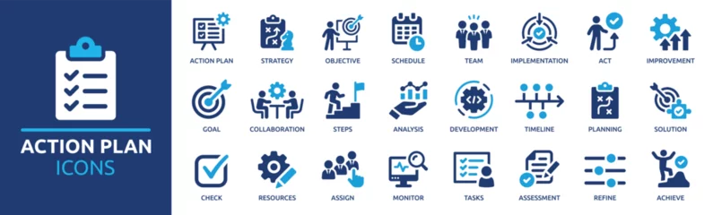 Foto op Plexiglas Action plan icon set. Containing planning, schedule, strategy, analysis, tasks, goal, collaboration and objective icons. Solid icon collection. © Icons-Studio