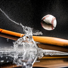 Isolated wet baseball bat partially submerged underwater with dramatic turbulent water splashes and bubbles against a black background with custom bat design produced by using Generative AI