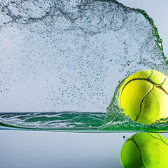 Isolated wet tennis ball partially submerged underwater with dramatic turbulent water splashes and bubbles against a white background with custom ball design produced by using Generative AI