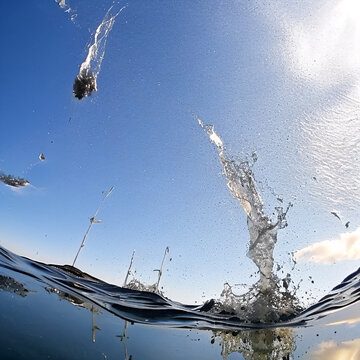 Ground Level View Of A Twilight Scene With Wet Softball-sized Objects Falling Into A Flooded Water-filled Parking Lot Raising Water Spray And Droplets Into The Air Produced By Using Generative AI