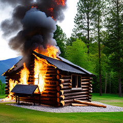 Log cabin burning with smoky orange flames in a fiery twilight inferno in a forested field disrupting the peace with destruction as if caused by accident or arson produced by using Generative AI
