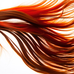Isolated Closeup View of Long Red Ginger Hair Flowing Dramatically in the Wind Against a White Background as a Concept for Wild Beauty Produced by Generative AI
