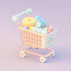 Cute & whimsical 3D shopping cart icon character perfect for e-commerce, retail projects, website icons, app buttons, marketing materials. Adorable cartoon-like design, cheerful colors, generative ai