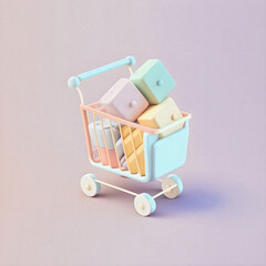 Cute & whimsical 3D shopping cart icon character perfect for e-commerce, retail projects, website icons, app buttons, marketing materials. Adorable cartoon-like design, cheerful colors, generative ai