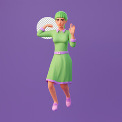 cute girl strong pose and floating, 3d character illustration