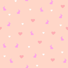 Seamless pattern with cute hand drawn rabbit couples and hearts in doodle style,child illustration with bunny,holiday decoration,print for wrapping paper,Valentines day,romantic bookend,pets in love