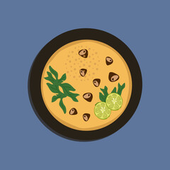 Soup Tom Kha Gai with chicken and ingredients for cooking: coriander, chili pepper, lime leaves, lemongrass on a black plate, top view. Thai spicy soup with coconut milk. Food illustration, cartoon