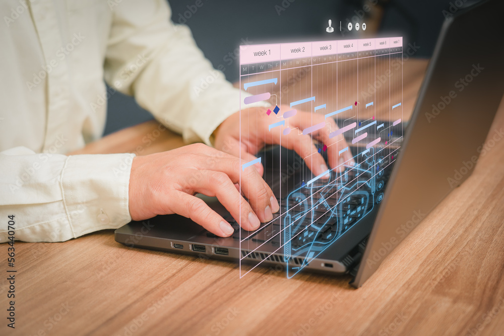 Fototapete Man working with technology computer in Business Analytics and Data Management System to make report with KPI and metrics connected to database. Corporate strategy for operations, planing, marketing.
