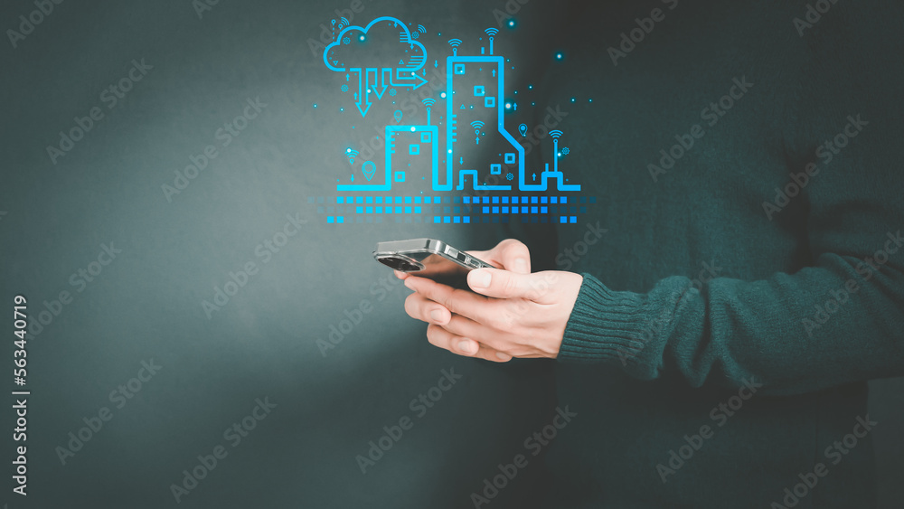 Poster Adult man searching for signal on his smartphone. Concept of technology connectivity and connection problems to wifi by smartphone.
