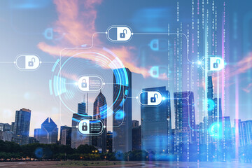 Obraz premium Chicago skyline from Butler Field to financial district skyscrapers at sunset, Illinois, USA. Parks and gardens. Decentralized economy. Blockchain, cryptography and cryptocurrency concept, hologram