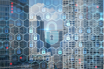 Aerial panoramic city view of Chicago downtown area, day time, Illinois, USA. Birds eye view, skyscrapers, skyline. Concept of cyber security to protect companies confidential information, hologram