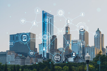 Chicago skyline, Butler Field towards financial district skyscrapers, day time, Illinois, USA. Parks and gardens. Social media hologram. Concept of networking and establishing new people connections