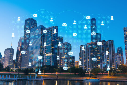 Downtown city view skyscrapers of Chicago skyline panorama over Lake Michigan, harbor area, sunset, Illinois, USA. Social media hologram. Concept of networking and establishing new people connections