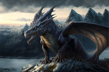 Realistic Dragon in Full-Body View in the Mountains