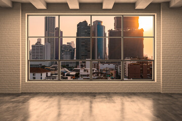 Empty room Interior Skyscrapers View Bangkok. Downtown City Skyline Buildings from High Rise Window. Beautiful Expensive Real Estate overlooking. Sunset. 3d rendering.