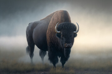 A large buffalo standing in a foggy field, Generative AI - obrazy, fototapety, plakaty