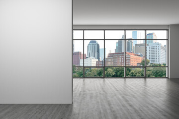 Obraz premium Downtown Nashville City Skyline Buildings from High Rise Window. Beautiful Expensive Real Estate overlooking. Empty room Interior. Mockup wall. Skyscrapers Cityscape. Day. Tennessee. 3d rendering.