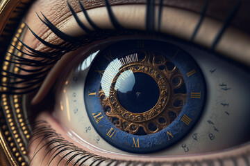 A close up of a person's eye with a clock in the iris, Generative AI