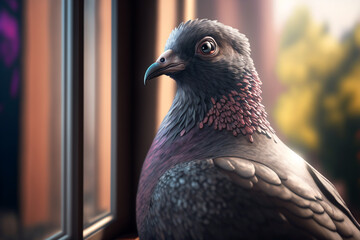A close up of a pigeon with a window in the background, Generative AI