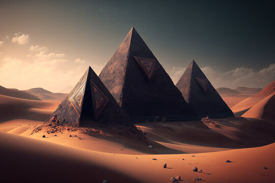 A painting of three pyramids in the desert, Generative AI
