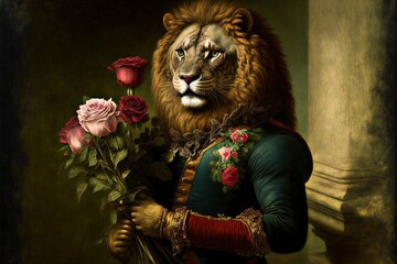 Lion with a bouquette of roses wearing tuxido. Generative AI