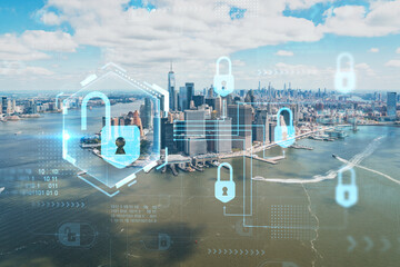 Fototapeta na wymiar Aerial panoramic helicopter city view on Lower Manhattan district and financial Downtown, New York, USA. The concept of cyber security to protect confidential information, padlock hologram