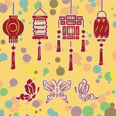 Lunar New Year illustration set, bacground,icon, ornamen. Chinese New Year,Happy New Year, congratulation
