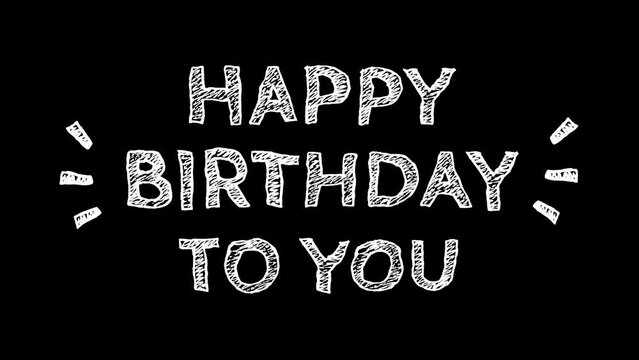 Happy birthday to you animation text in doodles style on transparent background. 4k video seamless looping. Suitable for birthday elements or greeting card. alpha channel.