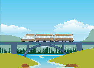 Bridge through river and moving train on him