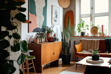 Modern living room interior design with plants Generative AI