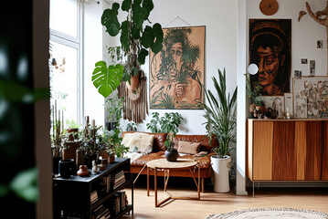 Fototapeta na wymiar Modern living room interior design with plants Generative AI