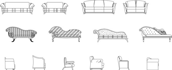 front view vector sketch of black and white living room sofa