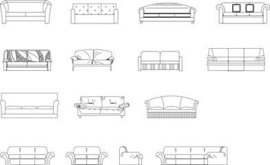 front view vector sketch of black and white living room sofa